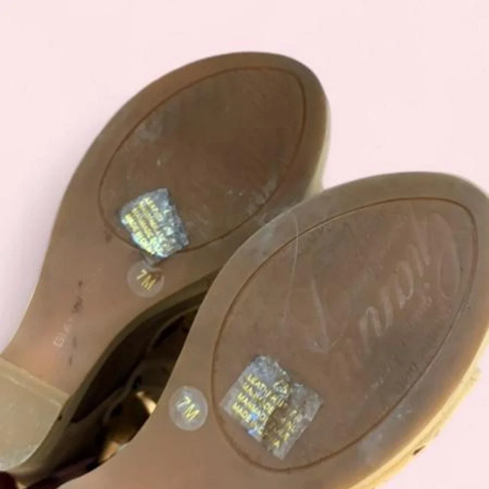 Gianni Bini Tan Leather Laser Cut Wedge Sandals Buckle Slingback Cream Heels